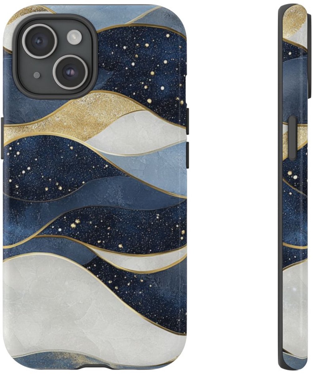 Abstract Blauw-Goud Golvenpatroon – Telefoonhoesje Geschikt voor iPhone 15