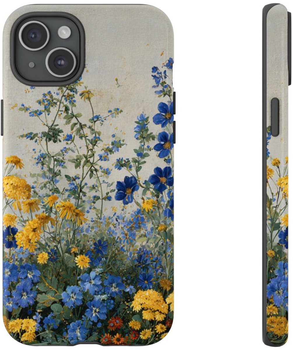 Blauwe en Gele Wilde Bloemen – Telefoonhoesje Geschikt voor iPhone 15 Plus