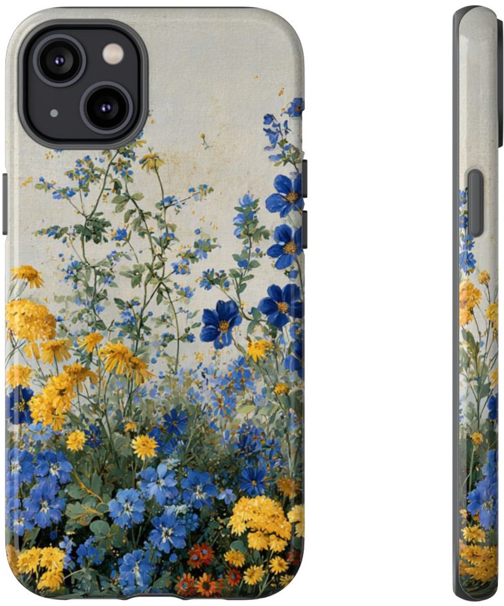 Blauwe en Gele Wilde Bloemen – Telefoonhoesje Geschikt voor iPhone 14 Plus
