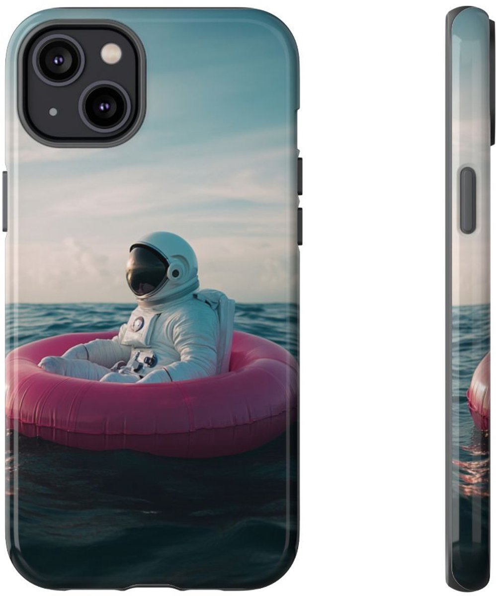 Astronaut op Roze Zwemband – Telefoonhoesje Geschikt voor iPhone 14 Plus