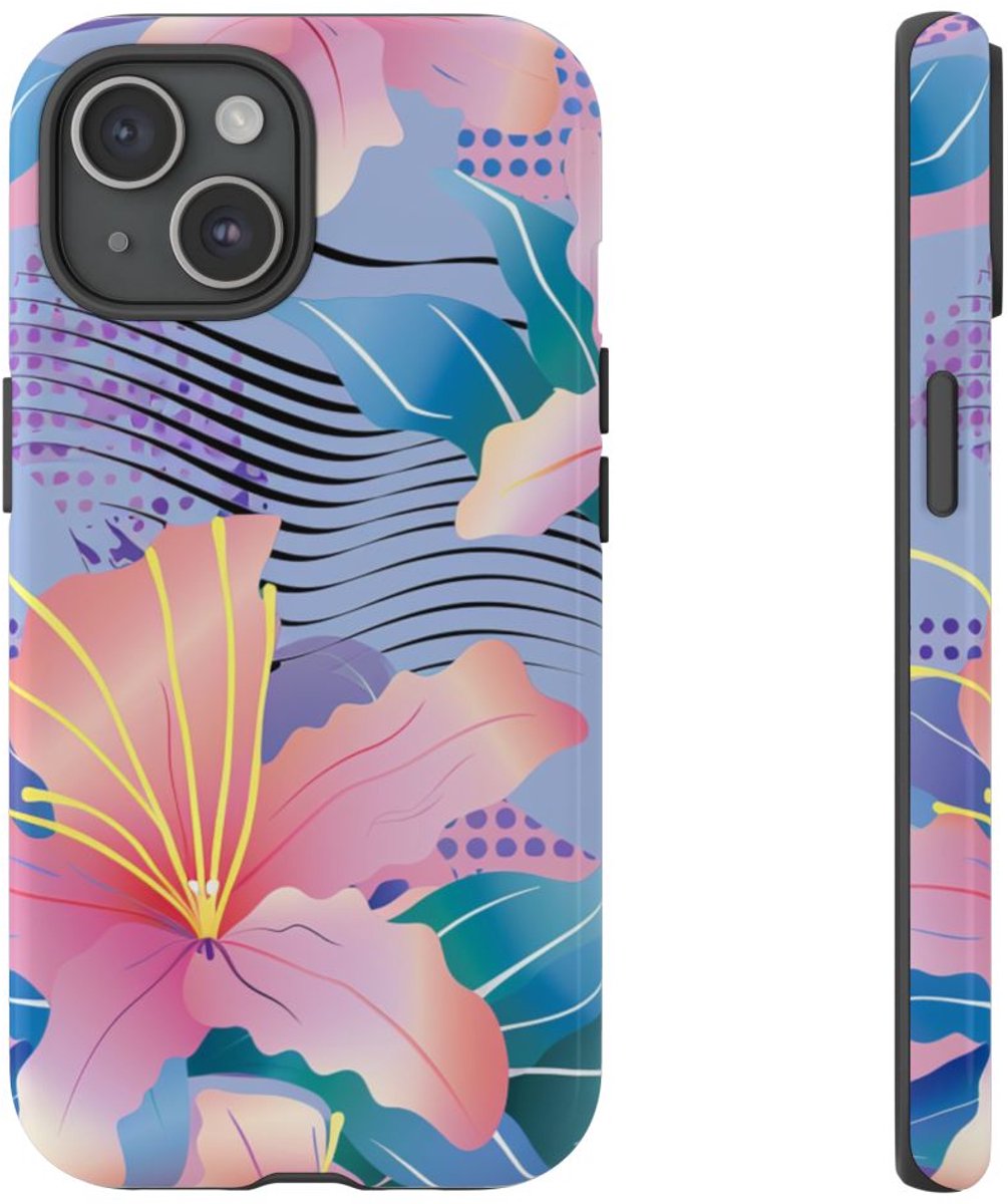 Roze Bloemenpatroon met Abstracte Accenten – Telefoonhoesje Geschikt voor iPhone 15