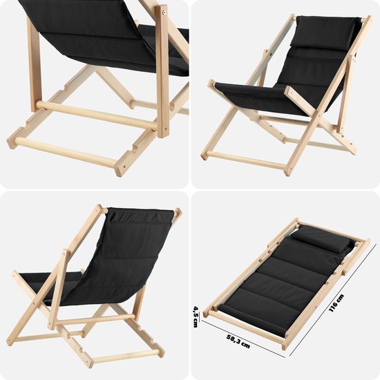 KADAX Ligstoel, strandstoel van hout, zonnebed tot 120 kg, ligstoel van beukenhout, houten klapstoelen, strandstoel, klapstoel voor strand, houten ligstoel (met hoofdsteun, zwart) van KADAX — afbeelding 4