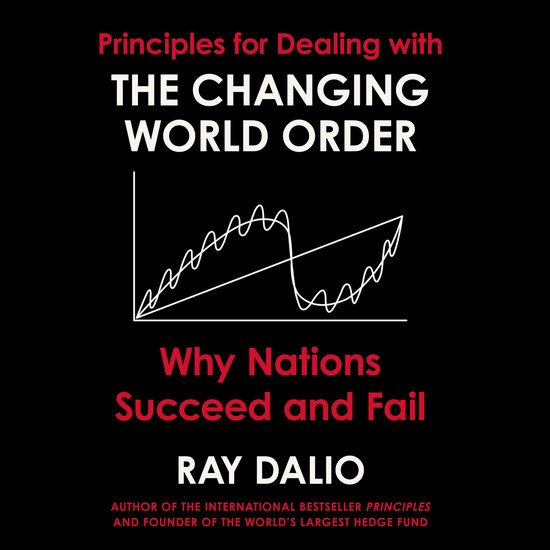 Couverture de livre avec le titre 'Principles for Dealing with THE CHANGING WORLD ORDER: Why Nations Succeed and Fail' par Ray Dalio. Un graphique montre des fluctuations et une ligne ascendante.