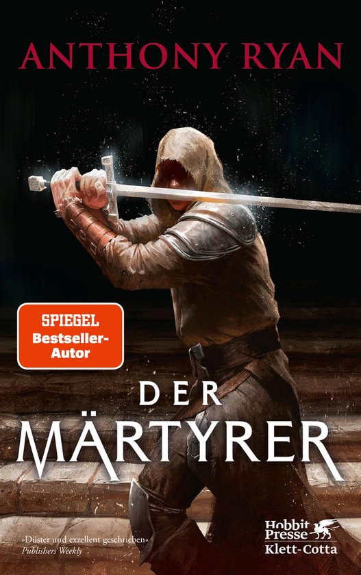 Boek "Der Märtyrer" van Anthony Ryan. Een figuur met capuchon heft een zwaard.