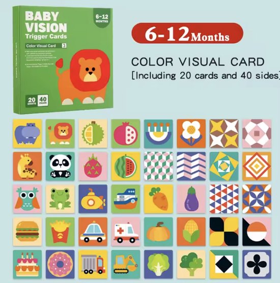 Montessori Visuele Stimulatiekaarten - Set van 4 Leeftijdsfasen (0-36 Maanden) - Zwart-Wit & Kleur Contrastkaarten - 80 Dubbelzijdige Kaarten - Breinontwikkeling Baby & Peuter - Speelgoed van Merkloos — afbeelding 3