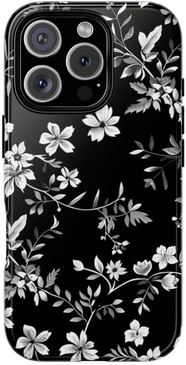 Zwart-Wit Bloemenpatroon – Telefoonhoesje Geschikt voor iPhone 16 Pro