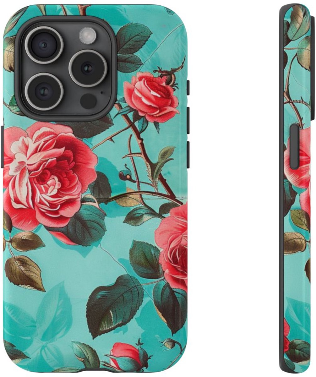 Rode Rozen op Turquoise Achtergrond – Telefoonhoesje Geschikt voor iPhone 15 Pro