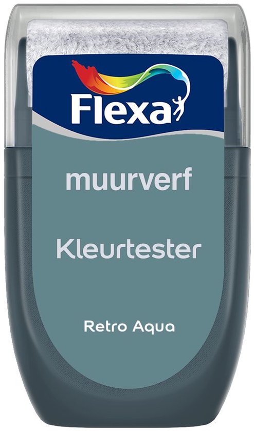 Een Flexa kleurtester voor muurverf in de kleur Retro Aqua.