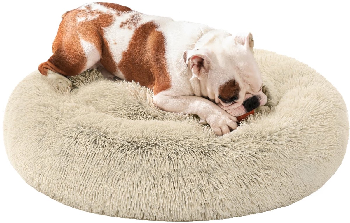 Feandrea Fluffy Hondenbed, Kattenbed, Donutkussen, Wasbaar, Uitneembare Middenvulling, Lange Pluche, 80 cm Diameter, Ombre Khaki PGW040S01