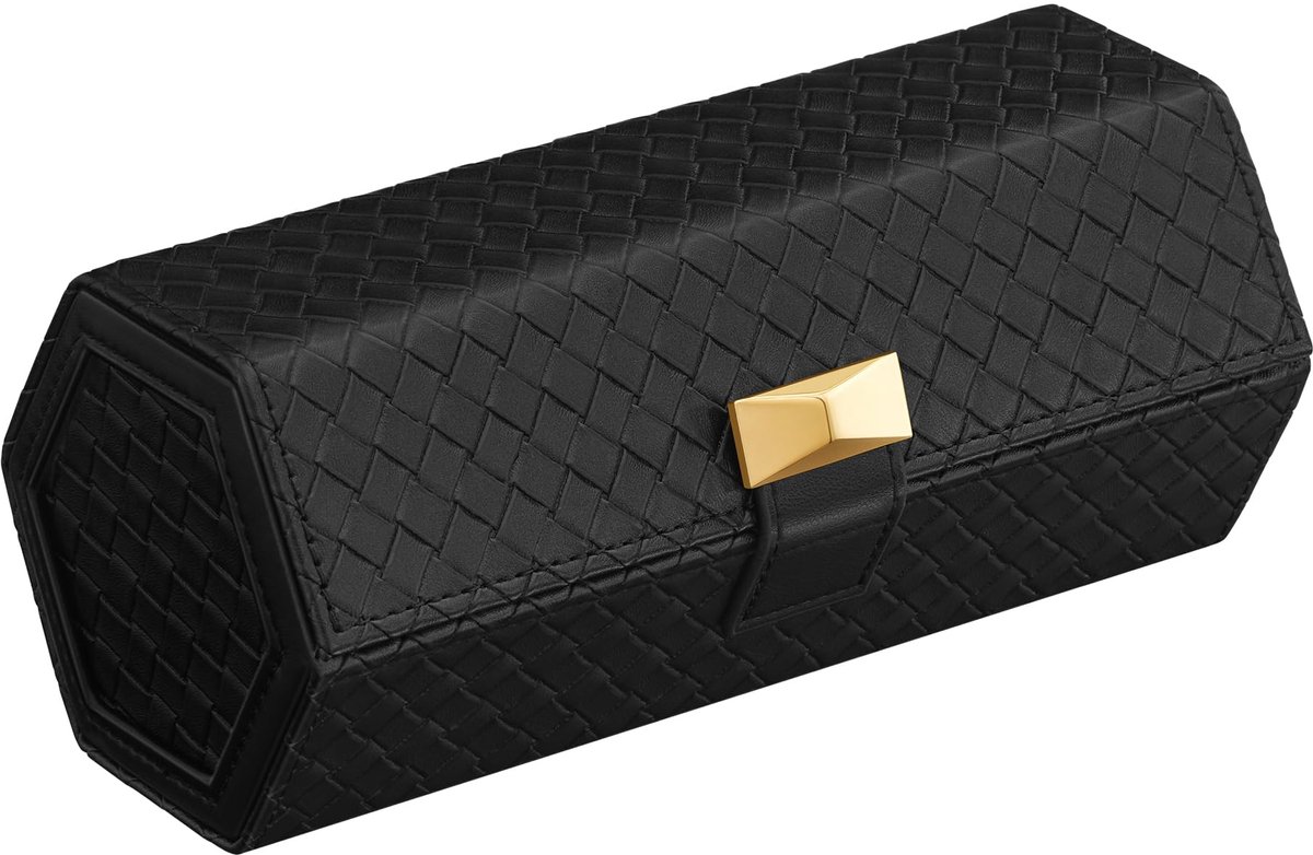 SONGMICS HOME RONNE Collectie - Horlogebox voor op reis, Horlogerol voor 3 horloges, Zeshoekige vorm, Gevlochten PU, Verborgen opbergruimte, 9,8 x 21,2 x 8,7 cm, Cadeau-idee, Zwart JWB027B01