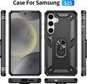 Zwart telefoonhoesje met ring, bekeken vanuit alle hoeken, met de tekst 'Case For Samsung S25'.