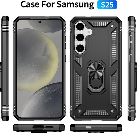 Zwart telefoonhoesje met ring, bekeken vanuit alle hoeken, met de tekst 'Case For Samsung S25'.