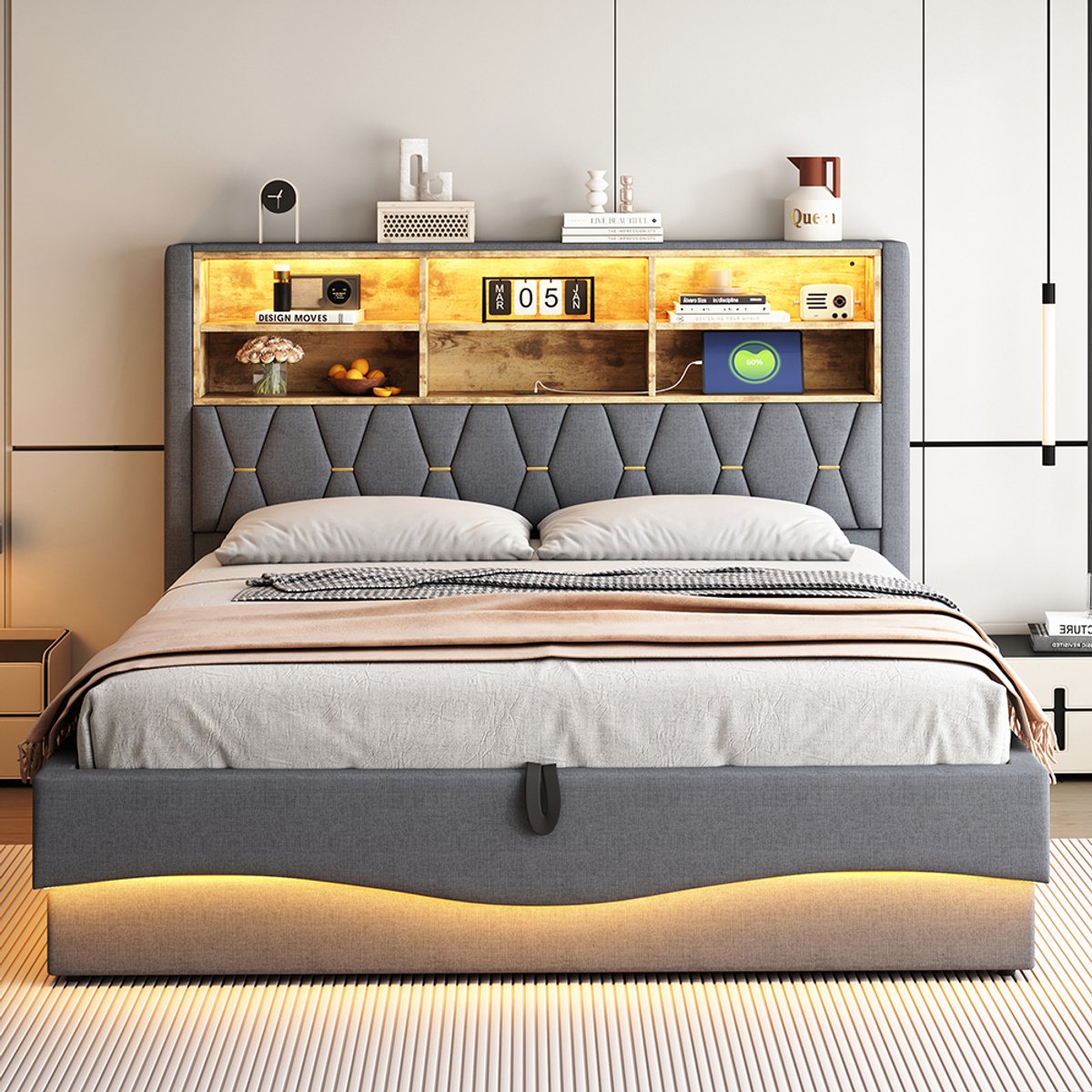 Pugsdrly Gestoffeerd bed 180 × 200 met hydraulische opbergruimte, app-gestuurde led-lichtstrip, USB-poort, metalen lattenbodem, grijze linnen bekleding.
