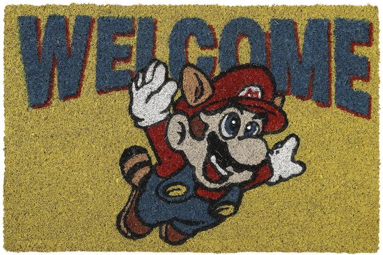 Gele deurmat met opdruk van Mario in blauw met rode pet en de tekst 'WELCOME'.