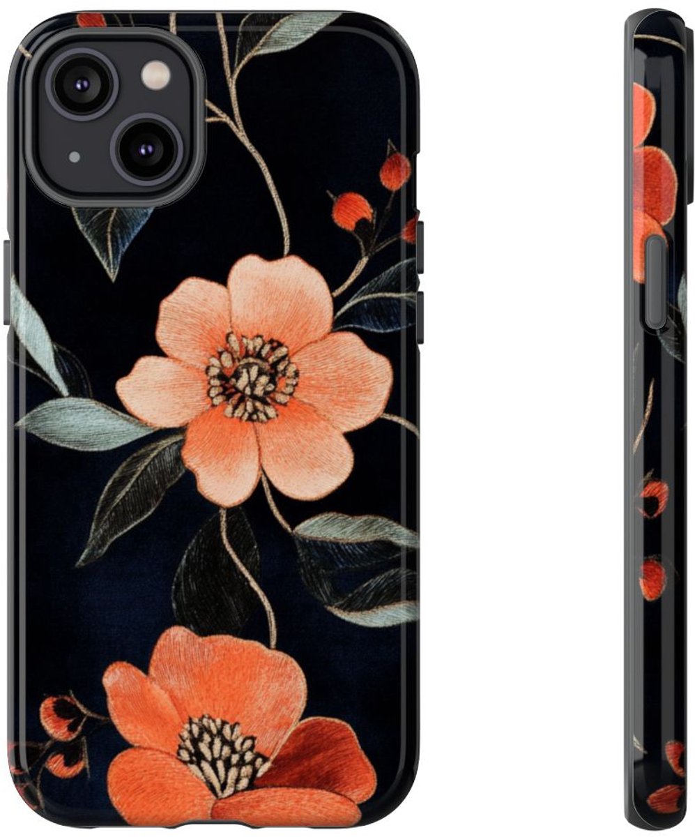 Oranje Geborduurd Bloemenpatroon – Telefoonhoesje Geschikt voor iPhone 14 Plus
