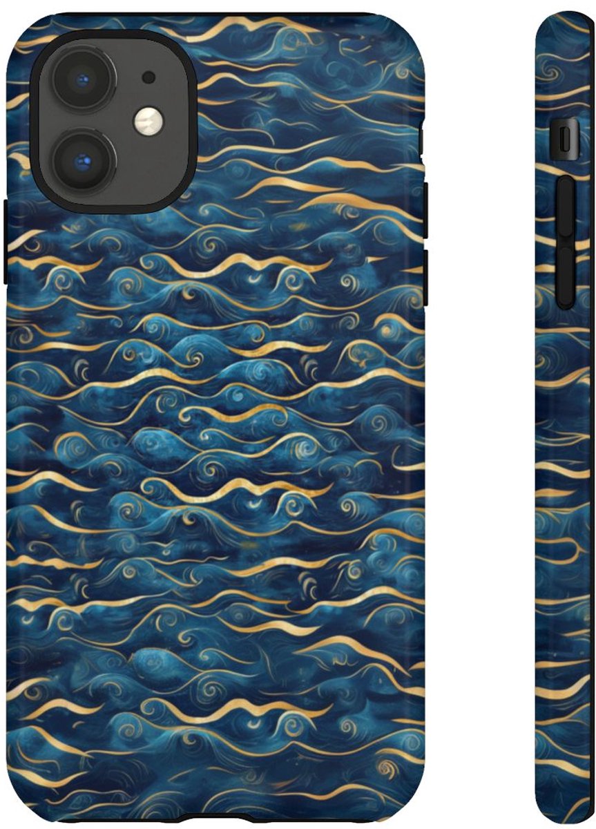 Blauw-Gouden Golfpatroon – Glanzend Stevig Telefoonhoesje Geschikt voor iPhone 11