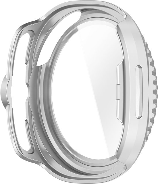 Zilverkleurig hoesje met een geïntegreerde screenprotector voor Samsung Galaxy Watch 8 Classic 46mm. Zonder de horlogekast.