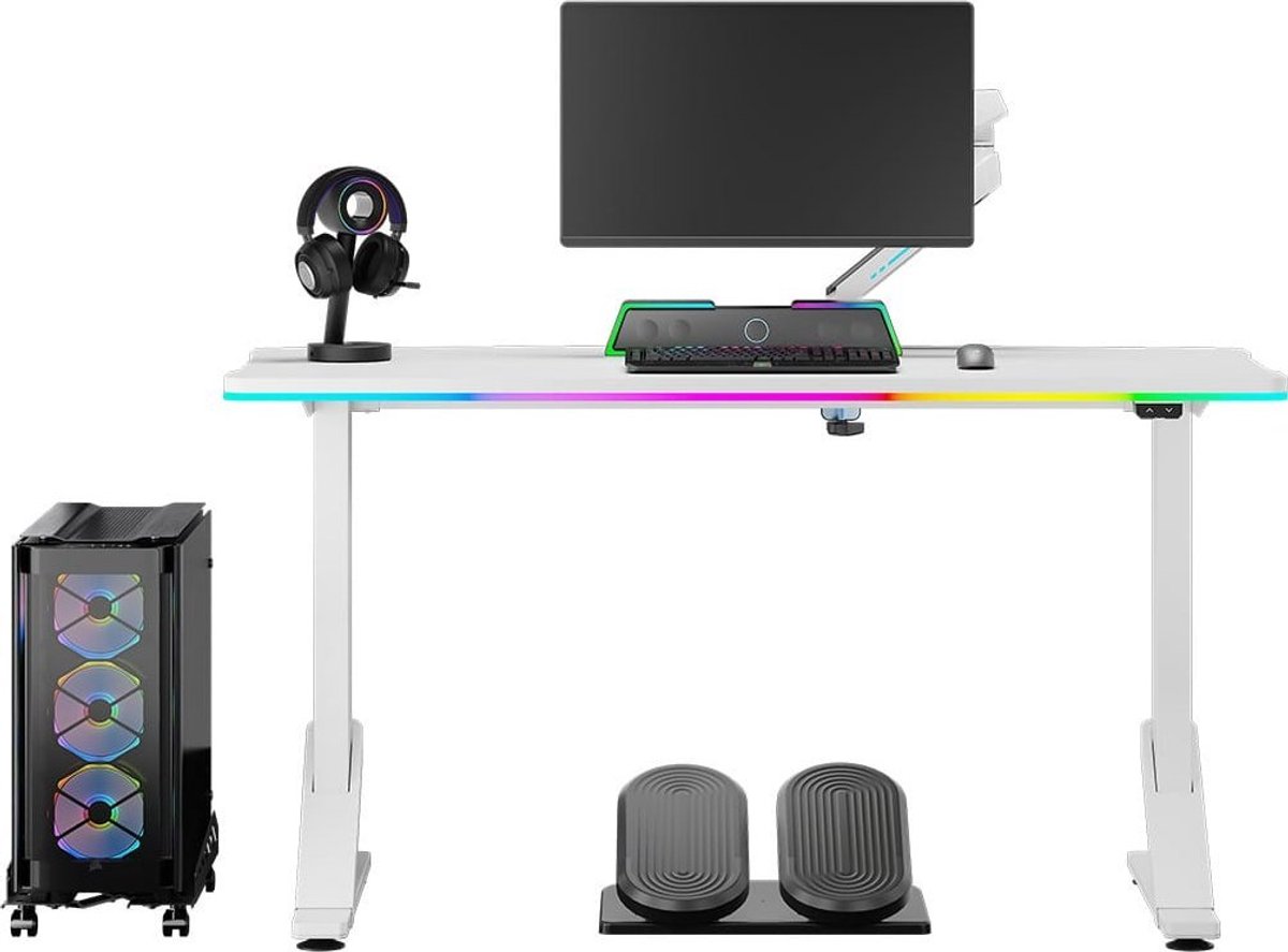 Ultradesk IRON – Gamingbureau – 132,5 x 60,5 cm – LED RGB PRISMATIC – Verstelbaar (3 hoogtes) – Stalen frame – Wit