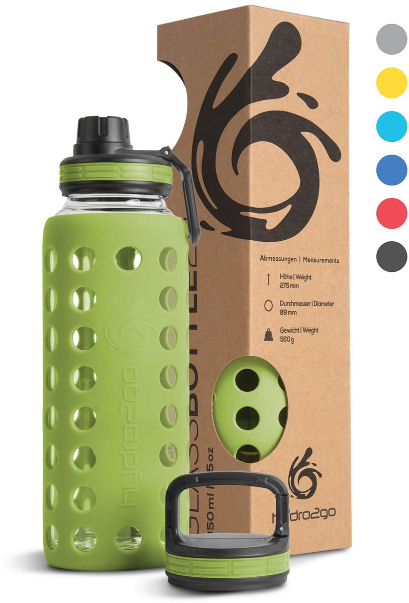 hydro2go® glazen drinkfles 950 ml – met siliconen hoes – BPA-vrij – lekvrij – 2 doppen – brede hals – vaatwasserbestendig