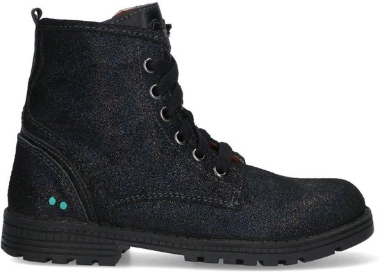 Zwarte dames bikerboot met glitters, veters en rits. Twee turquoise bolletjes op de zijkant.