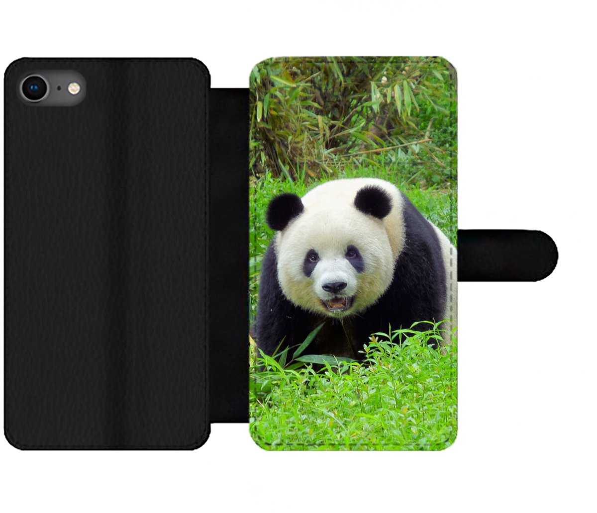 Telefoonhoesje Geschikt voor iPhone 8 telefoonhoesje - Panda - Gras - Dier - Met vakjes - Wallet case met magneetsluiting