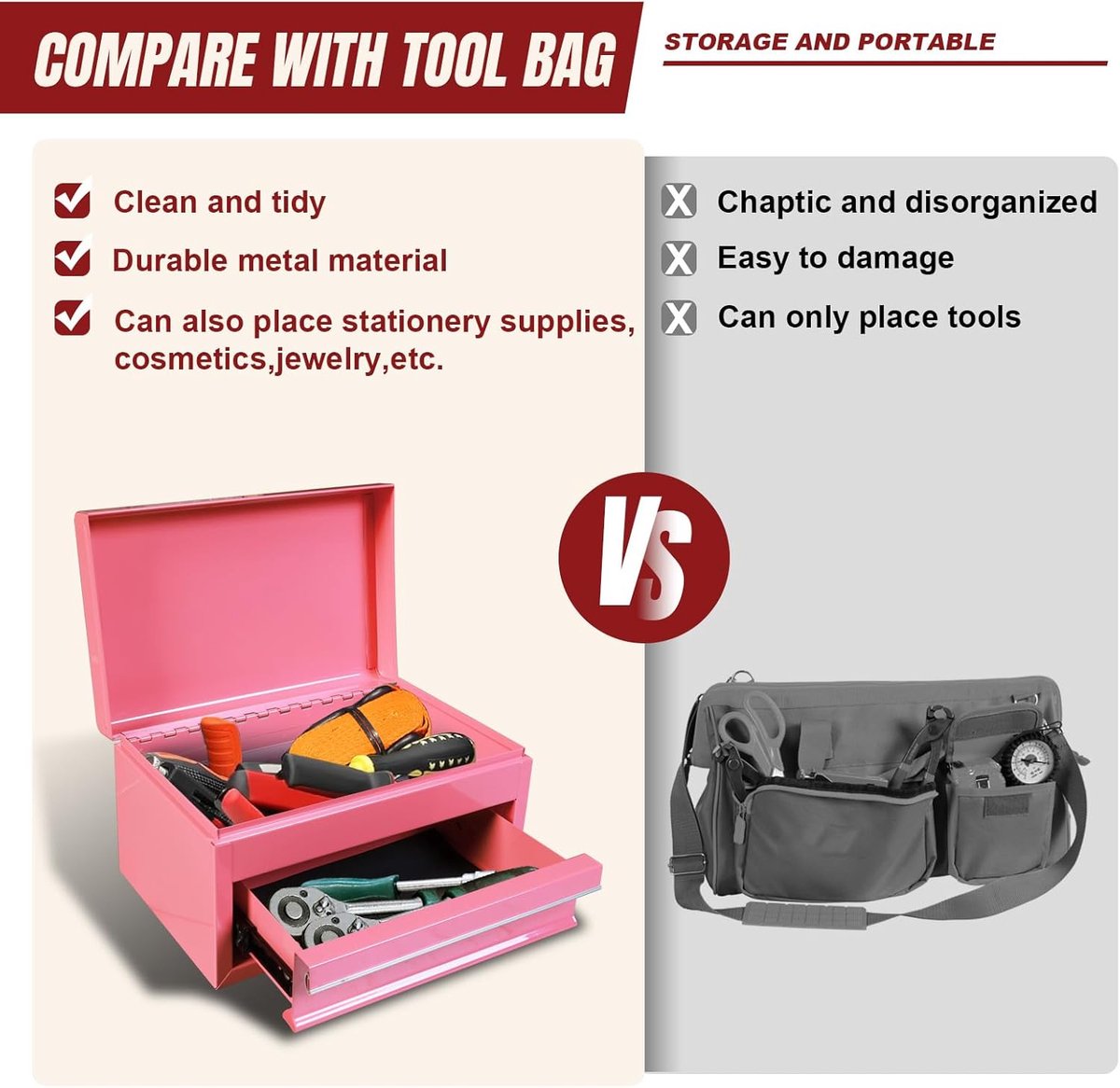 RFWR® 10" Mini Draagbare Stalen Gereedschapskist met lade voor Garage en Thuis - Roze — cadeau in Gereedschap - foto 5