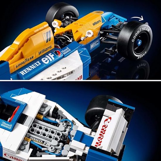 Close-up van de Lego Williams raceauto, met motoronderdelen en gele cockpit.