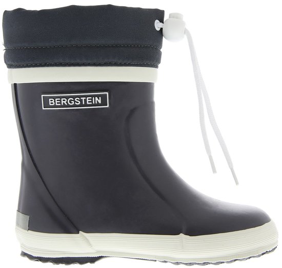 Donkergrijze Bergstein regenlaarzen met witte zolen, off-white randen en donkergrijze, gewatteerde schacht met trekkoord.