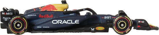 Voiture de course F1 Hot Wheels Oracle Red Bull Racing RB20, bleu foncé, rouge et jaune.
