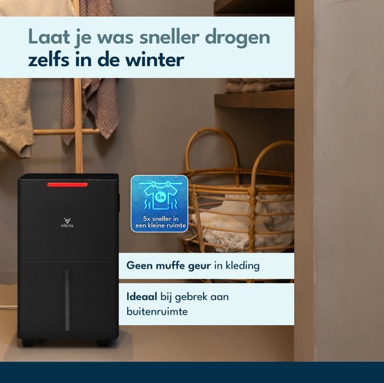 Vibrix DryFlow6 Pro Luchtontvochtiger – 6L per dag – Bediening via App – Wasdroogfunctie – Stil & Energiezuinig – Voor Badkamer, Kelder, Zolder & Slaapkamer – Dehumidifier