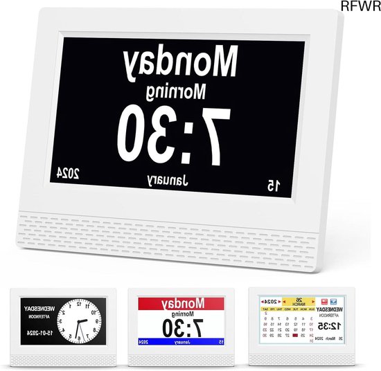 Digitale Kalender Alarmklok, 7 HD Groot Scherm Display, Meerdere Klokmodi, Automatische Helderheidsaanpassing, Volledige Dag- en Datumweergave voor Alzheimer, Dementie en Slechtzienden - Wit