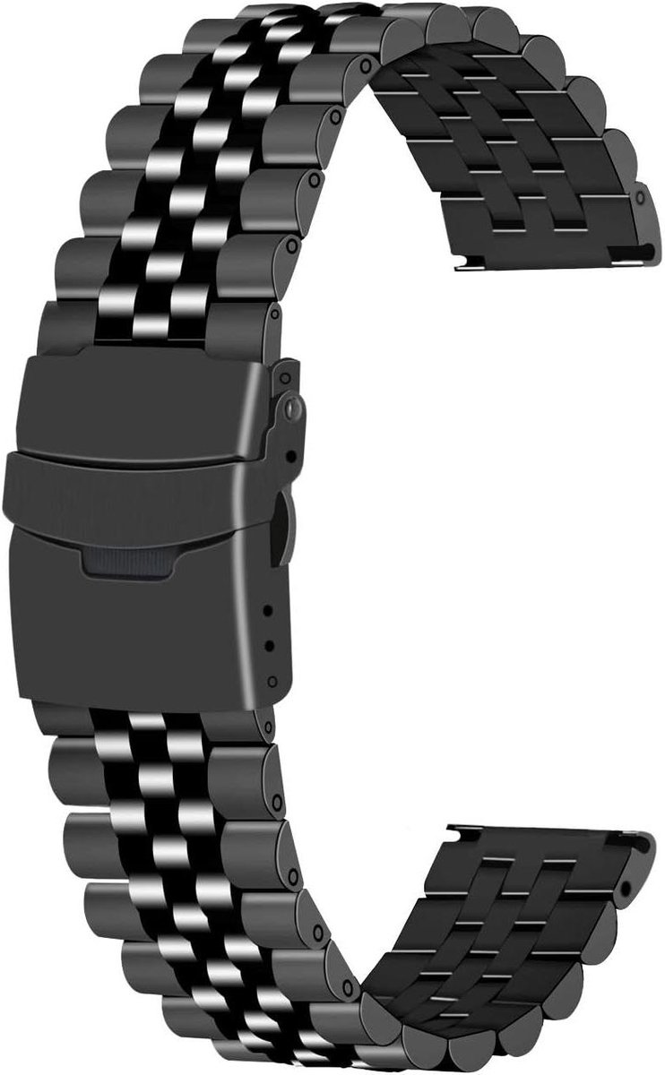 Allecto Premium - Vervangende horlogeband 20 mm 22 mm 24 mm voor heren en dames, 3D vijf rijen, metalen sluiting, zwart-zilver, extra comfort