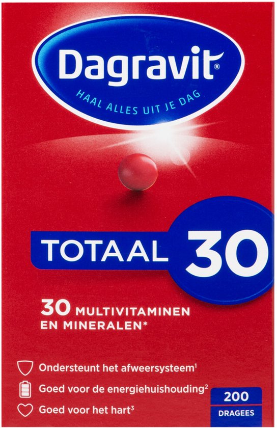 Rode verpakking van Dagravit Totaal 30 multivitaminen en mineralen, met 30 pillen en 200 dragees.