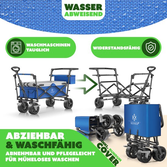 KESSER® Bolderkar opvouwbaar Bolderwagen GT9000 met dak Strandkar - incl. 2x 3-punts gordelsysteem - massief rubberen banden - tot 80 kg - rem voor en achter - + draagtas - Blauw / Grijs van KESSER — afbeelding 4