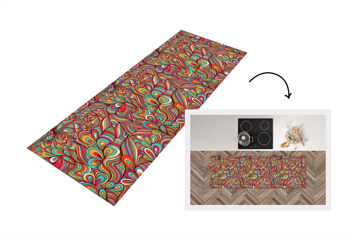 KitchenYeah Keukenloper 180x60 cm - Keukenmat vinyl Design - Jaren 70 - Fantasy - Kleur - Keukenmatten loper - Keuken vloerkleed tapijt Design - Fantasy - Kleur
