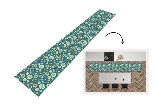Keukenloper 360x60 cm - Keukenmat vinyl Retro - Bloemen - Patronen - Blauw - Keukenmatten loper - Keuken vloerkleed tapijt