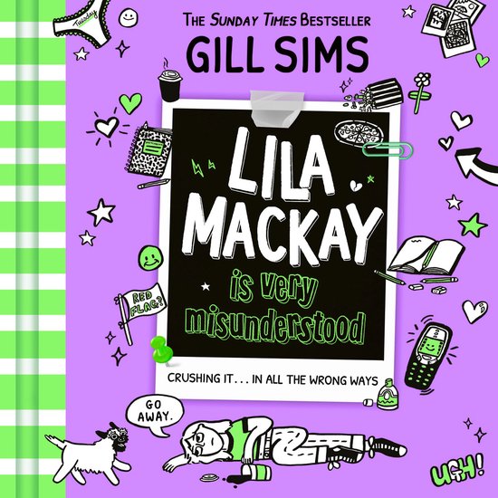 Couverture de livre 'Lila Mackay is very misunderstood'. Fond violet avec des dessins, du texte et une fille allongée.