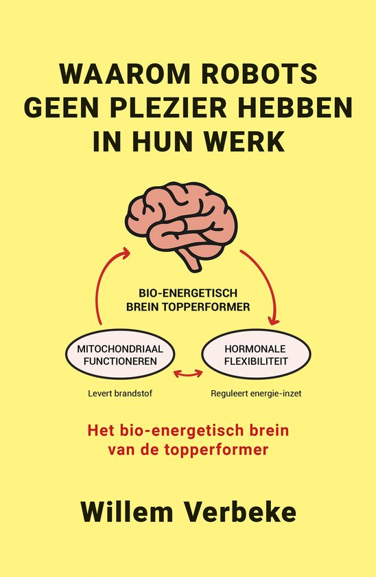 Boekcover: Waarom robots geen plezier hebben in hun werk. Diagram van een brein met pijlen naar 'bio-energetisch brein topperformer'.
