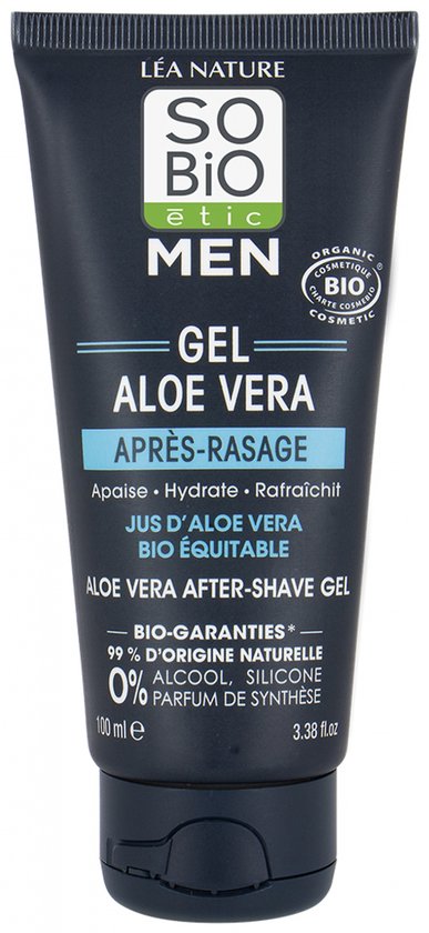 Zwarte tube met groene en witte opdruk: SO BIO étic MEN GEL ALOE VERA APRÈS-RASAGE. 100 ml.