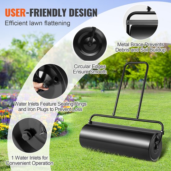 17 Gallon Gazonroller, met Zand/Water Gevulde Tuinroller, Stalen Gazonroller met Licht Draaibare Plug En U-Vormige Ergonomische Handgreep voor Gazon, Tuin, Boerderij, Park, Zwart van Merkloos	 — afbeelding 5