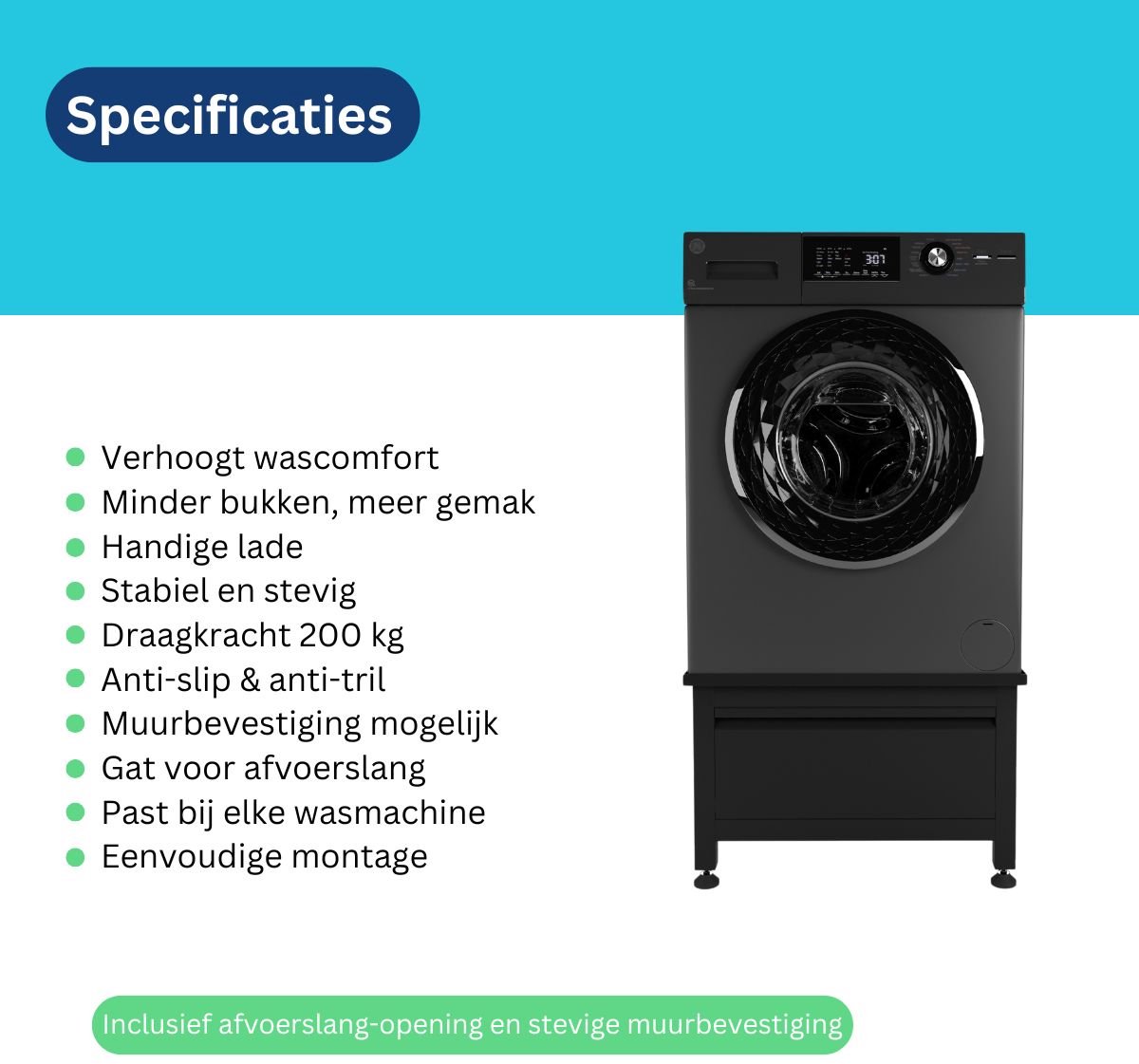 Wasophoogte® Wasmachine verhoger met lade - Wasmachine opbouwmeubel - Wasmachine sokkel - 42cm hoog - Zwart - Universeel - 65*60,5 (LxB) - Inclusief wandbeugels thumbnail 8