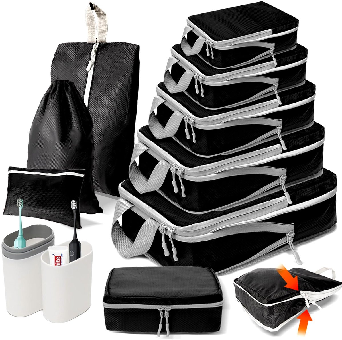 Ibenzoa® Koffer Organizer Set - 10 Stuks met Compressie, Pakzakken voor Reizen & Vakantie, Zwart