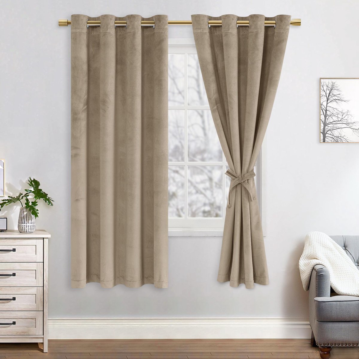 Ibenzoa Verduisteringsgordijn Set van 2 Stuks Fluweel Taupe 140x175cm met Inslagringen