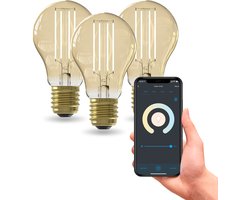 Calex Slimme LED Lamp - Set van 3 stuks - Wifi Filament Verlichting - E27 - Smart Lichtbron Goud - Dimbaar - Warm Wit licht - 7W