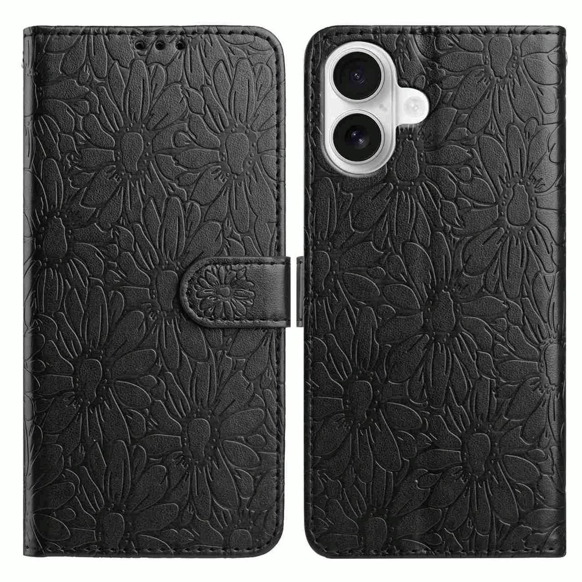 Mobigear Telefoonhoesje geschikt voor Apple iPhone 17 Hoesje | Mobigear Flowers Bookcase Portemonnee | Pasjeshouder voor 3 Pasjes | Telefoonhoesje voor Pinpas / OV Kaart / Rijbewijs - Zwart