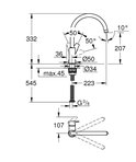 Technische tekening van een verchroomde keukenkraan met afmetingen.