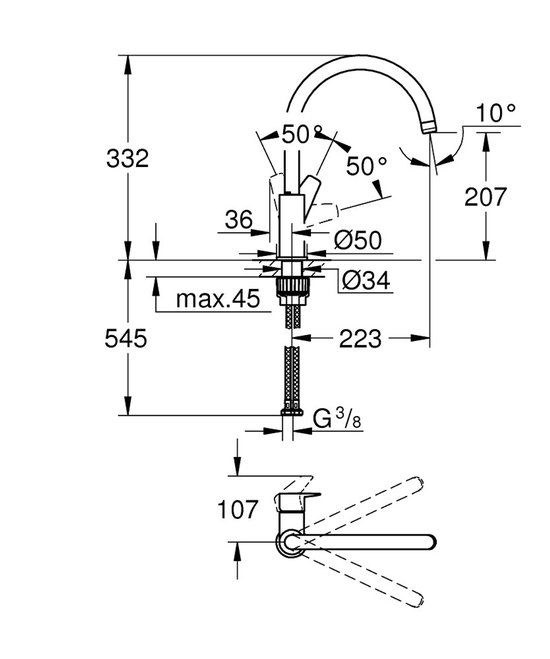 Technische tekening van een verchroomde keukenkraan met afmetingen.