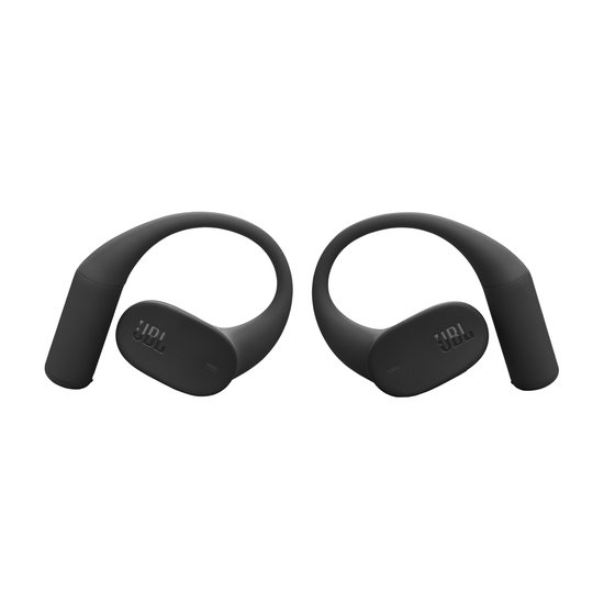 Écouteurs JBL Sense Lite noirs avec crochets d'oreille, logo visible.