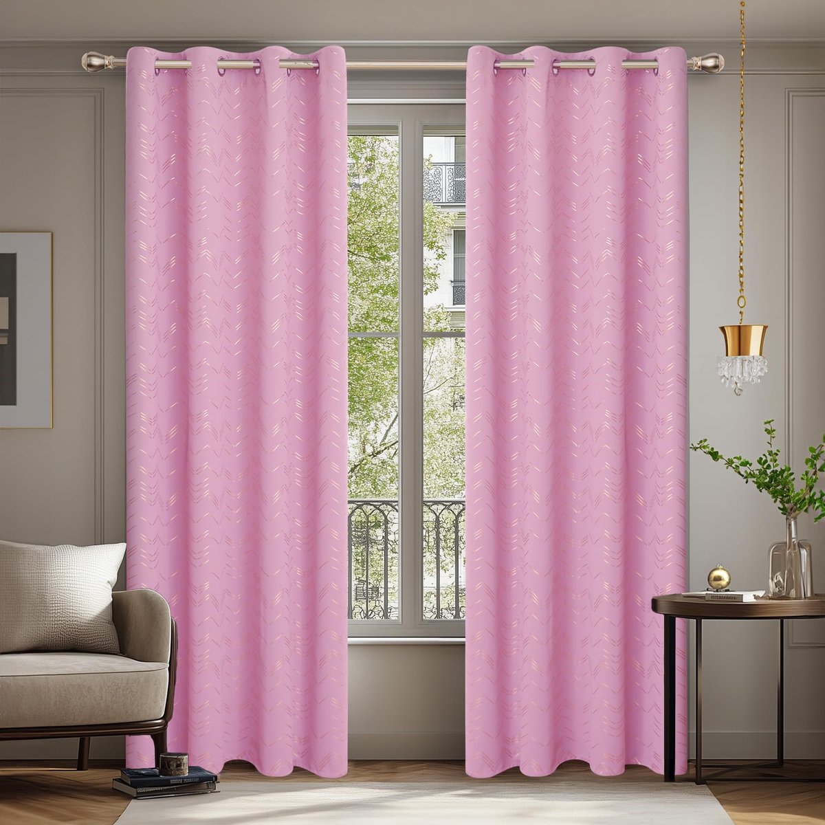 Ibenzoa Verduisteringsgordijnen met Lijnpatroon, 240x140cm, Set van 2, Roze
