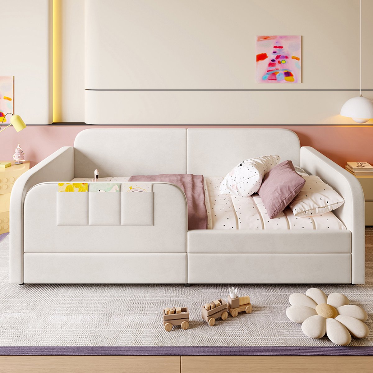 Pugsdrly Kinderbed dagbed slaapbank 90x200 cm met metalen bedframe 3 kleine opbergzakken 2 lades op wieltjes in fluweel MDF multiplex wit